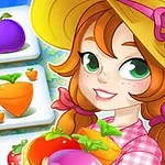 黄色い帽子とチェック柄のシャツを着た赤毛の女性が、トマトや茄子などの野菜を持ち、背景には紫色の茄子とオレンジ色の人参が描かれたブロックがあるイラスト。