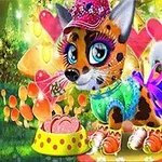 カラフルな服を着た大きな目の猫が、背景にハート形のオブジェとキノコがある場所に立っている。
