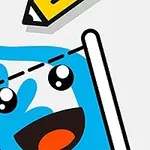 黄色い鉛筆が青い液体を満たした笑顔のコップの上に描かれているイラスト。