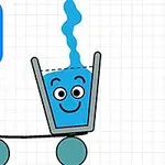 水が注がれた笑顔のコップがサポートされた台車に乗っているイラスト。
