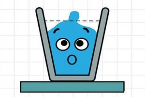 驚いた表情をした青いキャラクターが透明なコップに入っているイラスト。