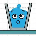 驚いた表情をした青いキャラクターが透明なコップに入っているイラスト。