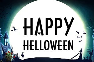満月を背景に「HAPPY HALLOWEEN」と書かれた文字と、コウモリや魔女のシルエットが飛ぶハロウィンの夜の景色。