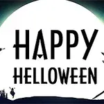 満月を背景に「HAPPY HALLOWEEN」と書かれた文字と、コウモリや魔女のシルエットが飛ぶハロウィンの夜の景色。