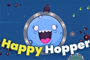 青い背景に大きな笑顔のピンクの口を持つ青いキャラクターと「Happy Hopper」のカラフルな文字が描かれている。
