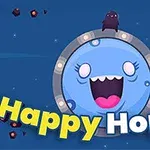 青い背景に大きな笑顔のピンクの口を持つ青いキャラクターと「Happy Hopper」のカラフルな文字が描かれている。