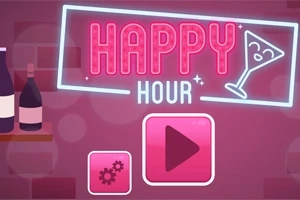 バーのインテリアを背景に「HAPPY HOUR」と書かれたネオンサインと再生ボタンのアイコンが表示されています。