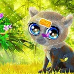 大きな青い目をしたアニメ風の動物が、緑豊かな背景の中で座っている。