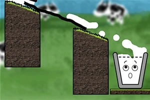 緑の背景に土からできた段差があり、線を引いて白い液体が顔のついた容器に流れ込む場面。
