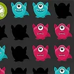 カラフルな青と赤の一つ目のモンスターがグリッド状に並んでいる画像。