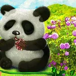 ふわふわしたパンダが、色鮮やかな花々に囲まれた自然の背景の中で座っている。