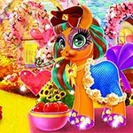 カラフルでファンシーな小馬が庭に立ち、周りに花とハート、傍にはボウルが置かれている。