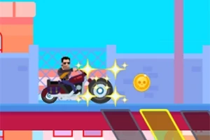 サングラスをかけたキャラクターが赤いバイクに乗って、青い背景の都市の中で金色のコインを集めています。