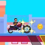 サングラスをかけたキャラクターが赤いバイクに乗って、青い背景の都市の中で金色のコインを集めています。