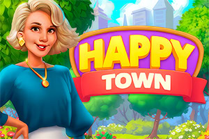 金色の髪の女性が青い服を着て公園に立ち、「HAPPY TOWN」のロゴが背景にある。