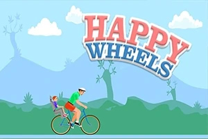 青空の下で自転車に乗る親子と「HAPPY WHEELS」の文字。