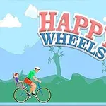 青空の下で自転車に乗る親子と「HAPPY WHEELS」の文字。