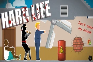 忍者とスーツ姿の男性が、障害物がある通りを歩いているイラスト。