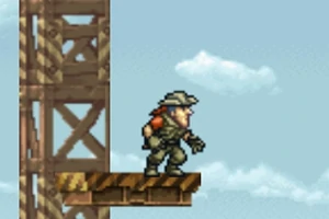 キャラクターがレンガのプラットフォームに立っている青空の背景。