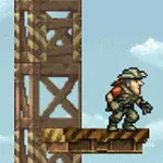 キャラクターがレンガのプラットフォームに立っている青空の背景。