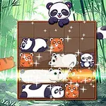 竹林の中で、パンダと虎のブロックが並べられているパズルボードが光り輝いているイラスト。