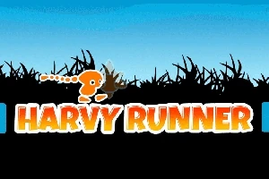 オレンジ色のキャラクターと「HARVY RUNNER」のテキストが黒いシルエットの草むら背景に配置されている画像。