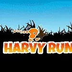 オレンジ色のキャラクターと「HARVY RUNNER」のテキストが黒いシルエットの草むら背景に配置されている画像。