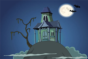 丘の上に立つ古い家と、月夜に飛ぶコウモリのイラスト。