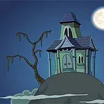 丘の上に立つ古い家と、月夜に飛ぶコウモリのイラスト。