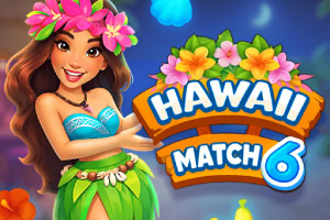 花冠をつけた女性と「HAWAII MATCH 6」のカラフルなロゴ、南国の花々が描かれたイラスト