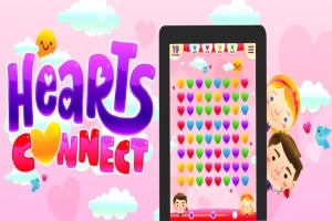 ピンクの背景に「HEARTS CONNECT」のカラフルなテキストとタブレット画面に並んだハートのアイコンがあり、雲と二人の子供が周囲に描かれている。