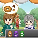 2人のアニメキャラクターが屋外で食事を注文しており、左側のキャラクターはドーナツとスパイスの注文を思い浮かべています。