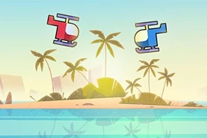 青空の下、パームツリーが立つ島の上に赤と青のヘリコプターが浮かんでいるカラフルなイラスト。