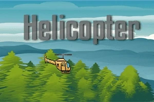 ピクセルスタイルのヘリコプターが森林と青空を背景に飛んでいるイラスト。