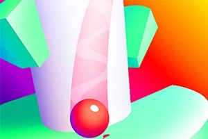 色とりどりの背景に緑の柱と赤いボールが描かれています。