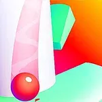 色とりどりの背景に緑の柱と赤いボールが描かれています。