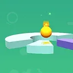 緑色の背景に、黄色いボールが白と紫のブロックの上にあるシンプルなデザイン。