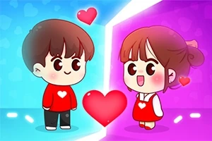赤いハートを中央に挟んで向かい合って立つ、青背景の男の子とピンク背景の女の子のイラスト。