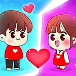 赤いハートを中央に挟んで向かい合って立つ、青背景の男の子とピンク背景の女の子のイラスト。