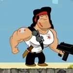 筋肉質なキャラクターが白いタンクトップを着て赤いヘッドバンドを身につけ、銃を持っている。