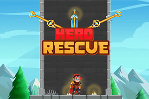鎧を着たヒーローが立っている塔の前に「HERO RESCUE」の文字が表示されたイラスト。