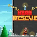 鎧を着たヒーローが立っている塔の前に「HERO RESCUE」の文字が表示されたイラスト。