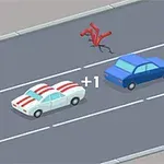 道路上で青い車に追い越される赤いラインの入った白い車と、横で踊るエアチューブ人形。