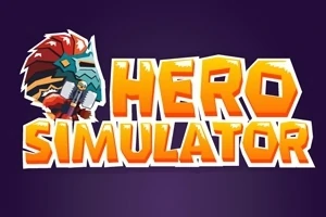 紫色の背景に、鎧を着たキャラクターと「HERO SIMULATOR」というオレンジ色の文字が描かれている。
