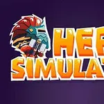 紫色の背景に、鎧を着たキャラクターと「HERO SIMULATOR」というオレンジ色の文字が描かれている。