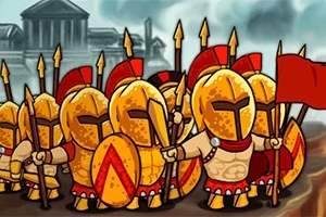 金色の鎧と赤い盾を持った兵士たちが旗を掲げて行進している。