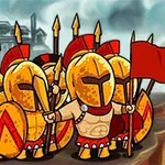 金色の鎧と赤い盾を持った兵士たちが旗を掲げて行進している。