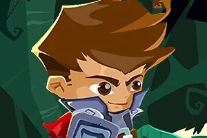 アニメ風のキャラクターが森の背景の前に立っている。
