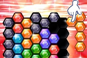 カラフルな六角形のブロックが並び、指がブロックの移動を指示している。