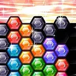 カラフルな六角形のブロックが並び、指がブロックの移動を指示している。